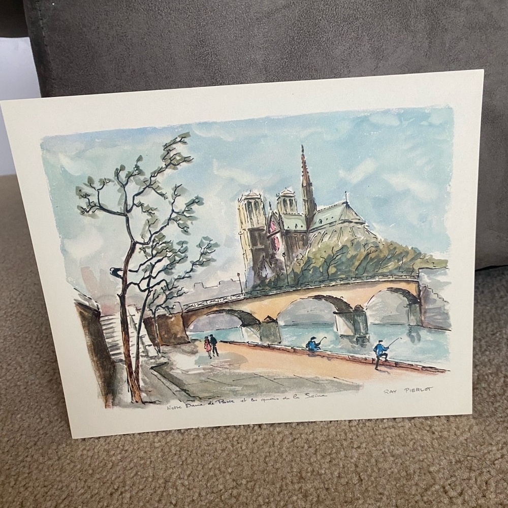 Ray Pierlot Notre Dame Paris Seine Vintage 1950s Watercolor Print 8.5 x 10.5
